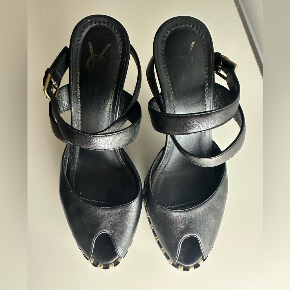 Yves Saint Laurent Paris Black Leather Ankle buckle Strap Platform Sandals 36